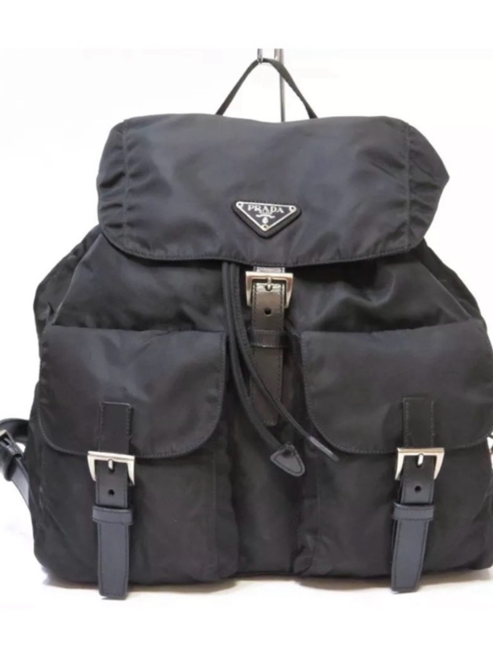 Prada Black Nylon Backpack with Front Buckle Pockets